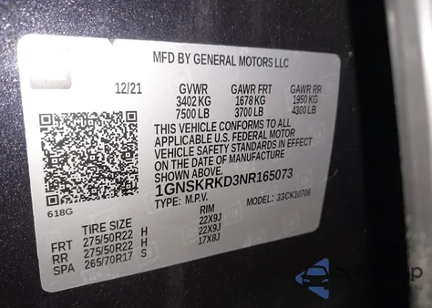 2022 Chevrolet Tahoe 4Wd Rst z USA, uszkodzony, nr VIN 1GNSKRKD3NR165073